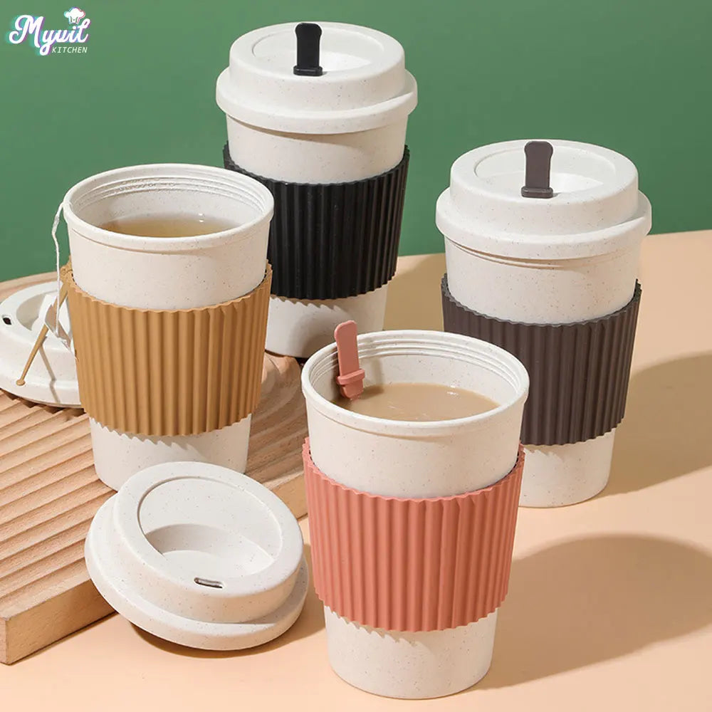 450ML Coffee Cups With Lids Wheat Straw Reusable Portable Coffee Cup Dishwasher Safe Coffee Mug Coffee Tea Travel Cups